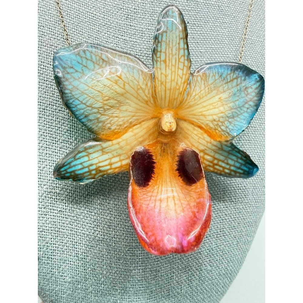 Preserved Real Orchid Gold Filled Chain Choker Necklace 16" Colorful Floral Chic - Picture 2 of 14
